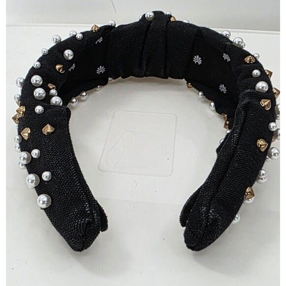 Lele Sadoughi woven pearl Knotted Headband Jet velvet Headband Gold stud main image 4